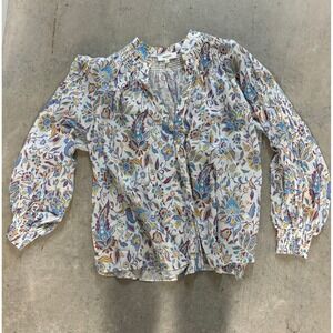 Marais‎ Paris Floral Print Blouse Smocked Neckline Long Sleeve Top M/L